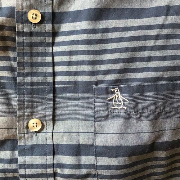 ORIGINAL PENGUIN Blue Striped Short Sleeve Button Down Shirt - Picture 4 of 6